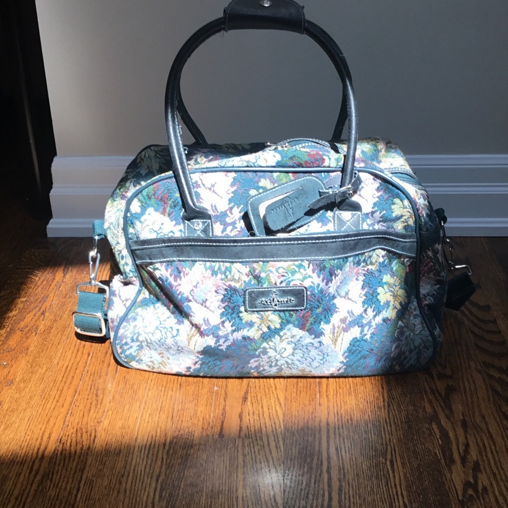 Teal and Blue Floral Tapestry Travel Satchel EUC